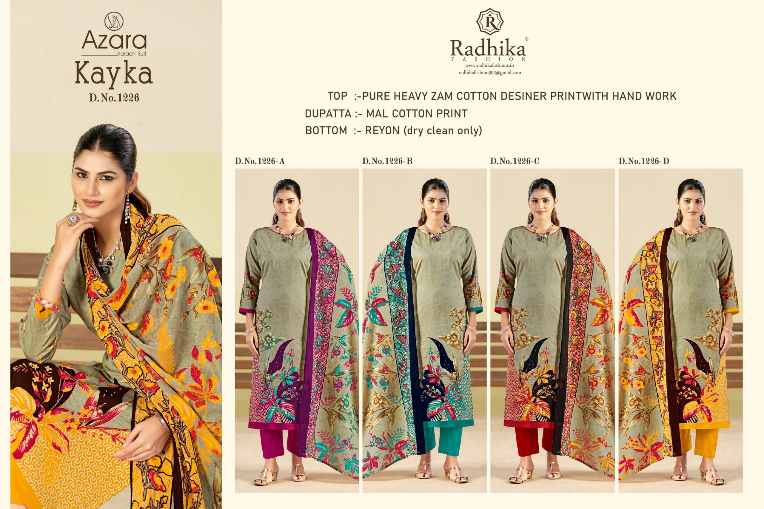 KAYKA BY AZARA 1226 A TO 1226 D Series Designer Stylish Fancy Colorful Beautiful Party Wear & Ethnic Wear Collection Pure Jam Cotton Dresses At Wholesale Price